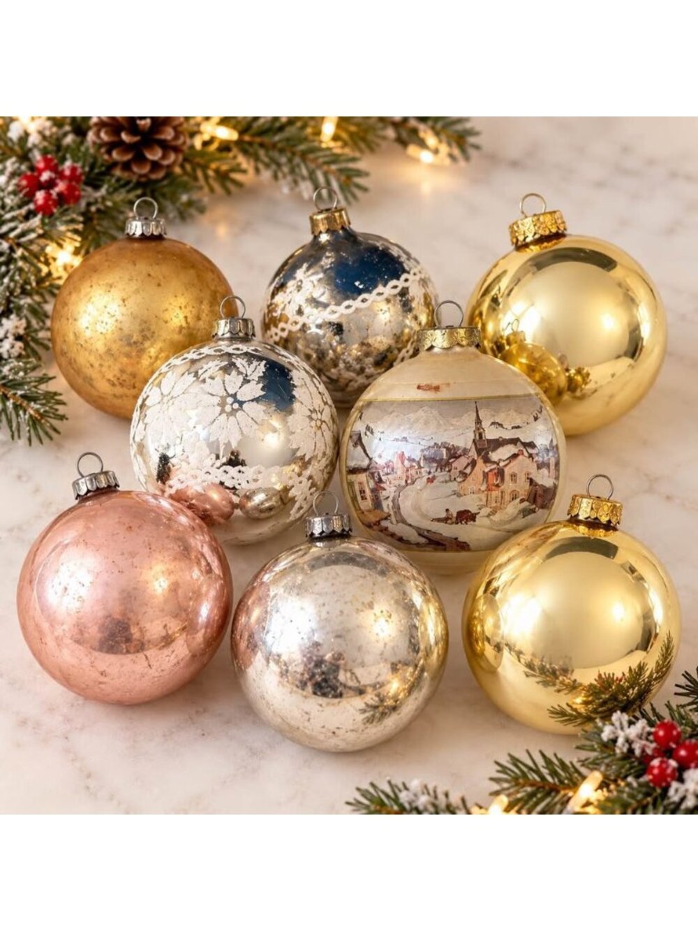 Vintage Glass Christmas Ornaments Lot of 8 Japan Gold Silver Clarence Gagnon